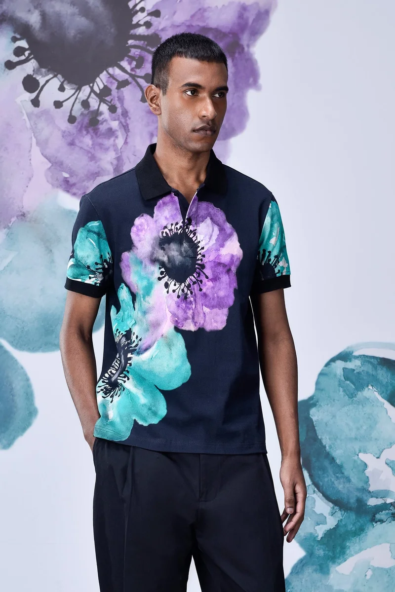 Genes Lecoanet Hemant Black-Green Cotton Piqué Polo with Abstract Floral Print